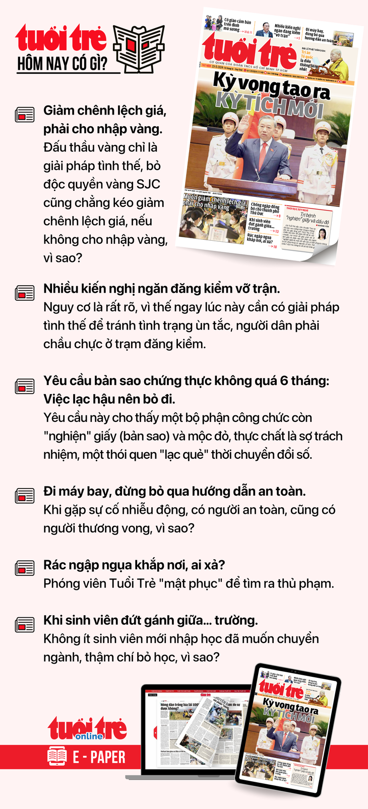 Tin tức chính trên Tuổi Trẻ nhật báo hôm nay 23-5. Để đọc Tuổi Trẻ báo in phiên bản E-paper, mời bạn đăng ký Tuổi Trẻ Sao TẠI ĐÂY