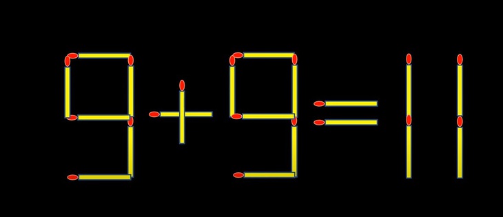 Thử tài IQ: Di chuyển một que diêm để 9+9=11 thành phép tính đúng- Ảnh 1. Thử tài IQ: Di chuyển một que diêm để 9+9=11 thành phép tính đúng- Ảnh 1.