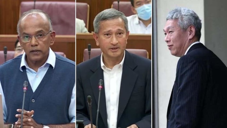 Bộ trưởng Luật kiêm Bộ trưởng Nội vụ Singapore K Shanmugam (bìa trái), Ngoại trưởng Vivian Balakrishnan (giữa) và ông Lý Hiển Dương - Ảnh: CNA/AFP