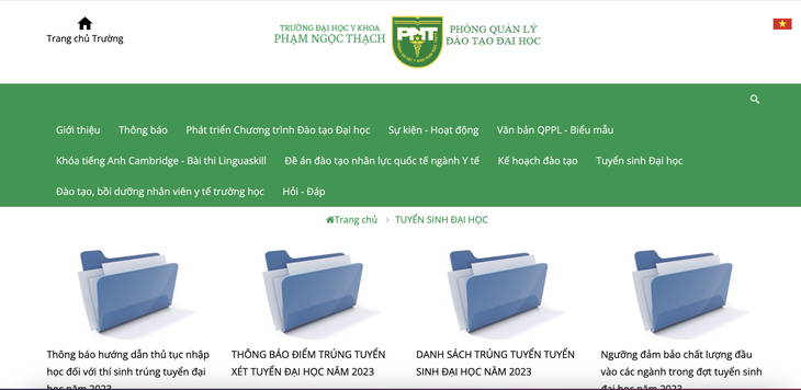 Trong thư mục tuyển sinh đại học trên website Trường đại học Y khoa Phạm Ngọc Thạch hiện chỉ có thông tin của năm 2023 - Ảnh chụp màn hình