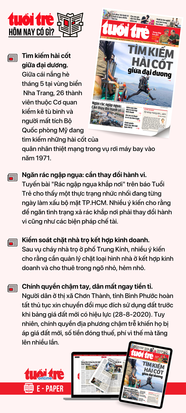 Tin tức chính trên Tuổi Trẻ nhật báo hôm nay 26-5. Để đọc Tuổi Trẻ báo in phiên bản E-paper, mời bạn đăng ký Tuổi Trẻ Sao TẠI ĐÂY