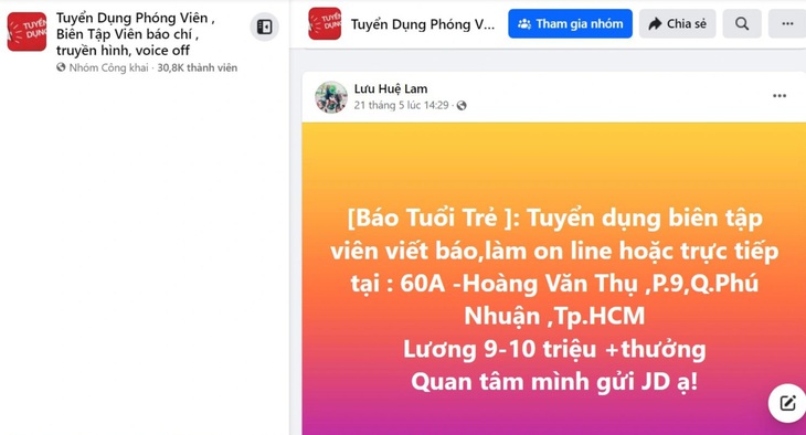 Giả mạo tuyển dụng biên tập viên, phóng viên báo Tuổi Trẻ