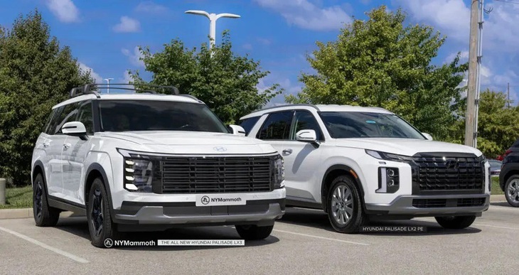 Dự đoán thiết kế Hyundai Palisade đời mới (trái) so với mẫu xe hiện tại (phải) - Ảnh: NyMammoth