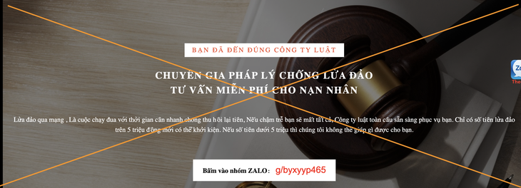 Giao diện website công ty luật bị mạo danh để lừa đảo