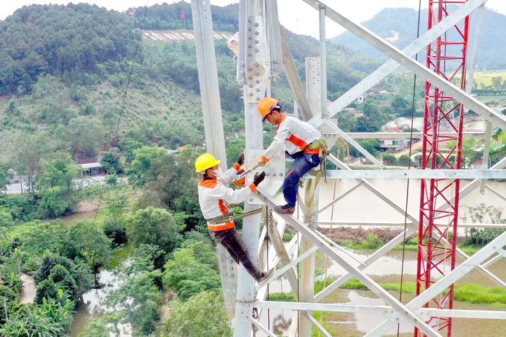 Ngành điện đang tốc lực huy động thêm 1.500 công nhân tham gia dựng cột, kéo dây để hoàn thành đúng tiến độ đường dây 500 kV mạch 3 Quảng Trạch - Phố Nối vào tháng 6-2024 - Ảnh: THÀNH VINH