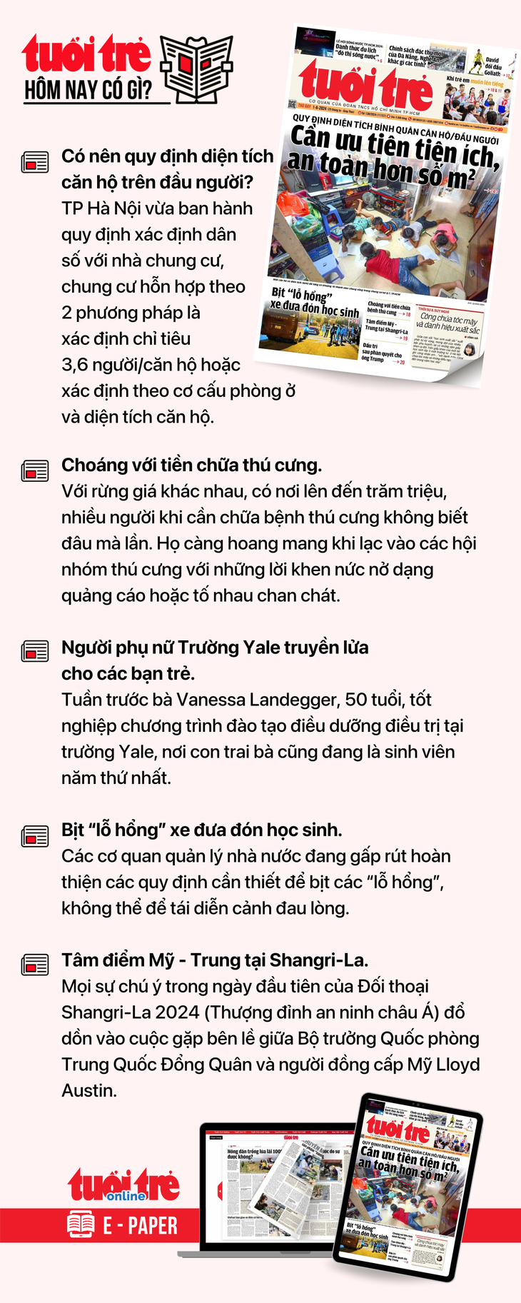 Tin tức chính trên Tuổi Trẻ nhật báo hôm nay 1-6. Để đọc Tuổi Trẻ báo in phiên bản E-paper, mời bạn đăng ký Tuổi Trẻ Sao TẠI ĐÂY