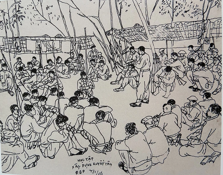 Tác phẩm ký họa bút sắt Học tập xây dựng quyết tâm, 1954