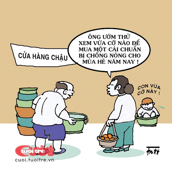 Chống nóng tạm thời bằng... chậu - Tranh: Tín Nhượng 