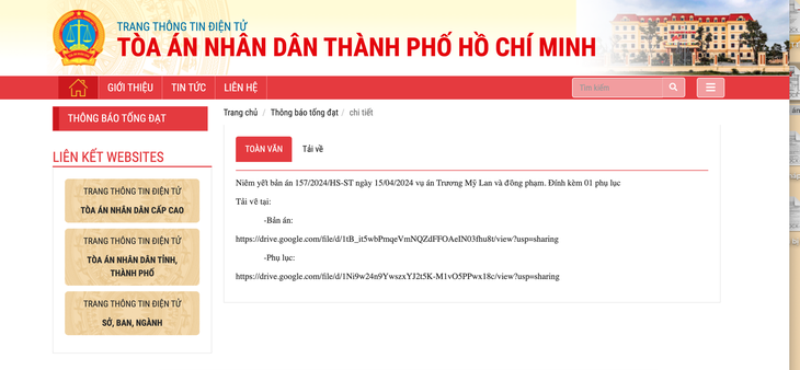 Tòa án nhân dân TP.HCM niêm yết bản án trên website của tòa án - Ảnh: T.M.