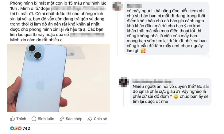 Đăng bài tìm điện thoại bị mất, một sinh viên phải giải thích khi có bạn thắc mắc khó khăn còn mua trả góp điện thoại xịn - Ảnh: MÂY TRẮNG