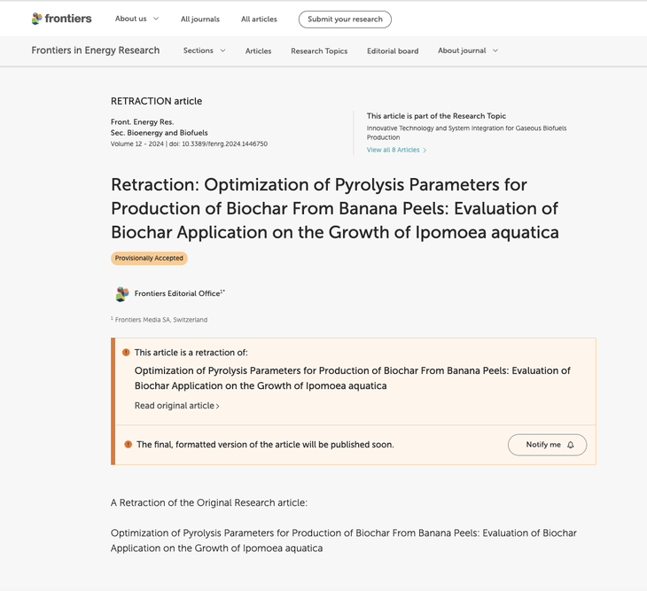 Thông báo của tạp chí Frontiers in Energy Research về việc gỡ bài báo - Ảnh chụp màn hình