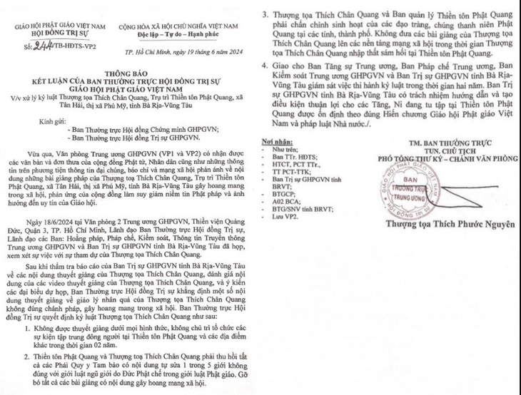Thông báo kết luận của Ban thường trực Hội đồng Trị sự Giáo hội Phật giáo Việt Nam về việc kỷ luật thượng tọa Thích Chân Quang - Ảnh chụp màn hình