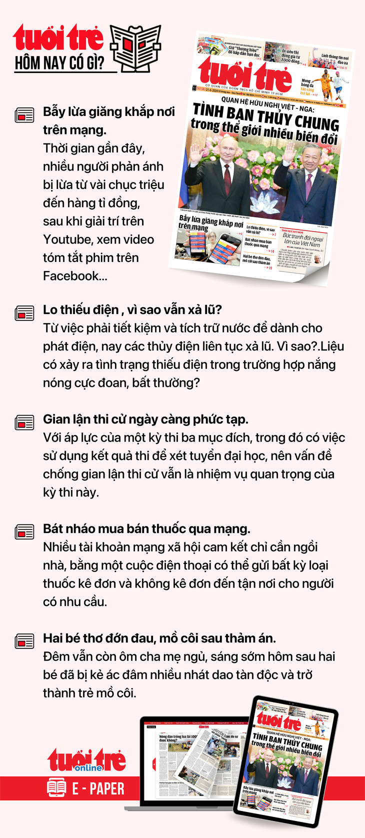 Tin tức đáng chú ý trên Tuổi Trẻ nhật báo ngày 21-6. Để đọc Tuổi Trẻ báo in phiên bản E-paper, mời bạn đăng ký Tuổi Trẻ Sao TẠI ĐÂY