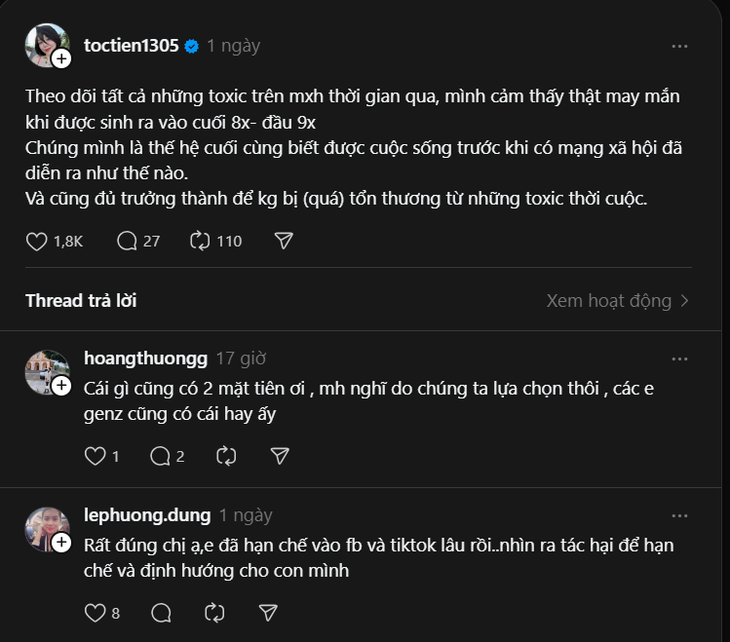 Bài viết của nghệ sĩ Tóc Tiên trên mạng xã hội Threads - Ảnh: Threads
