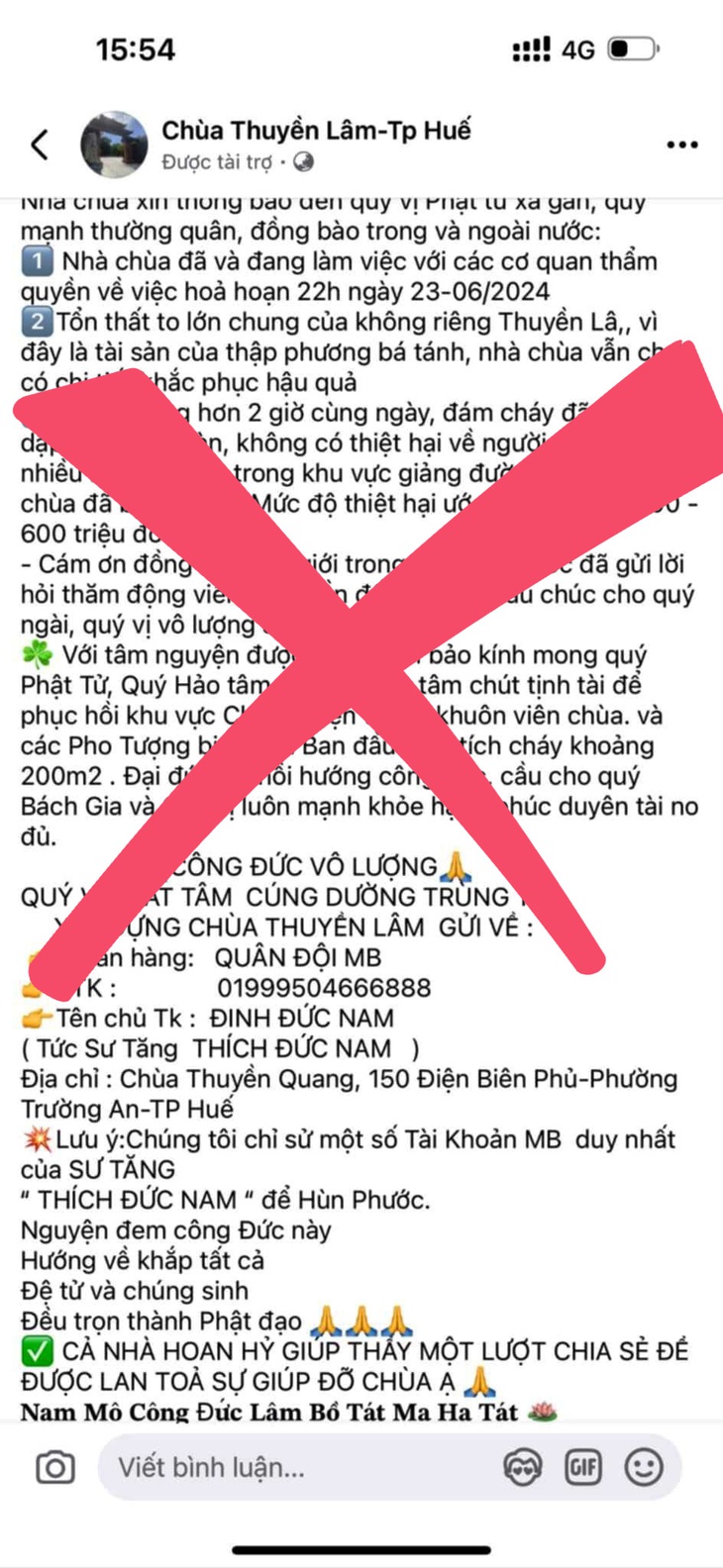 Trang mạng xã hội có tên Chùa Thuyền Lâm kêu gọi cúng dường xây lại chùa sau vụ cháy. Đây được xác nhận là thông tin giả - Ảnh chụp màn hình