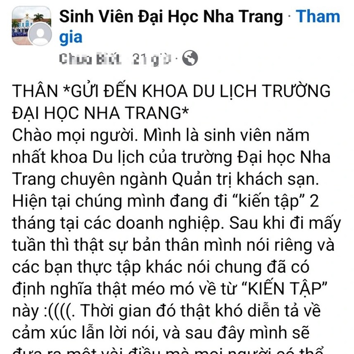 Một phần nội dung bài viết bày tỏ sự bức xúc trong kỳ kiến tập của sinh viên khoa du lịch - Đại học Nha Trang - Ảnh chụp màn hình