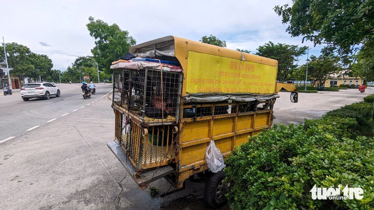 Chiếc xe lam bán chó dạo bốc mùi hôi thối đậu ngay cổng ra vào công viên Bùi Thị Xuân (TP Huế) - Ảnh: NHẬT LINH