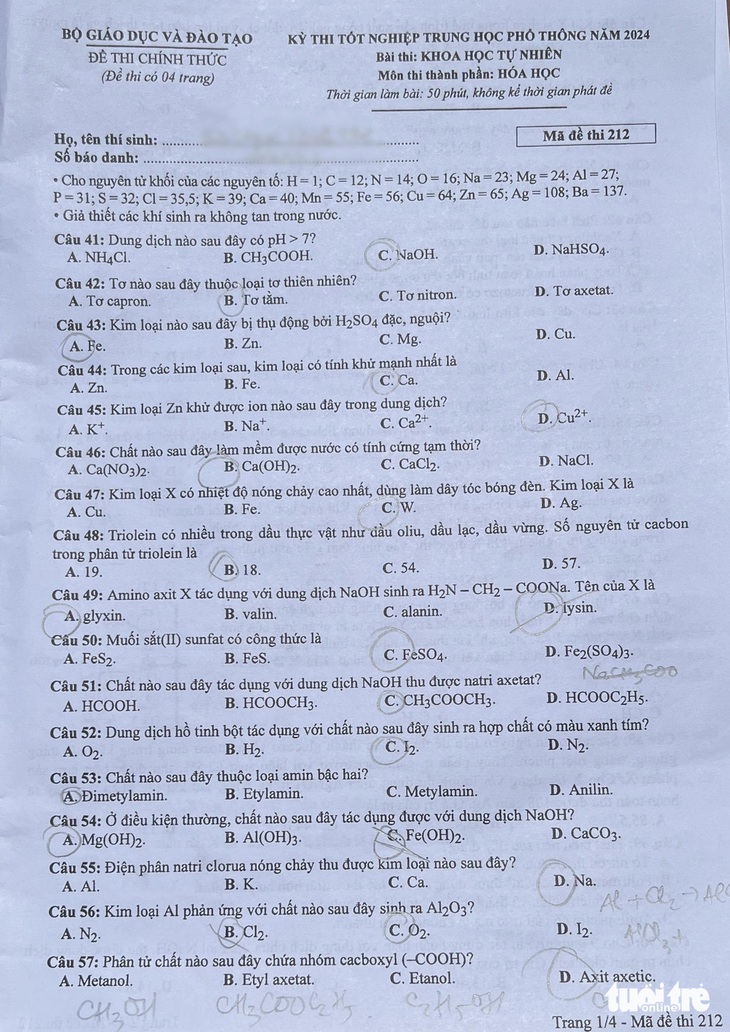 Đề thi môn hóa học tốt nghiệp THPT 2024- Ảnh 1.