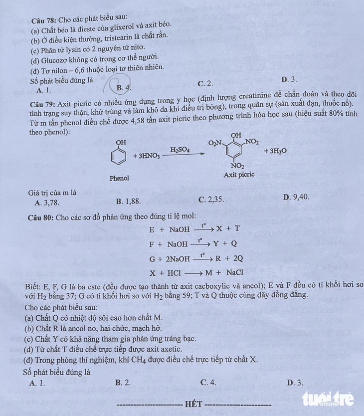 Đề thi môn hóa học tốt nghiệp THPT 2024, mã đề 212 - Ảnh: NGUYỄN HOÀNG