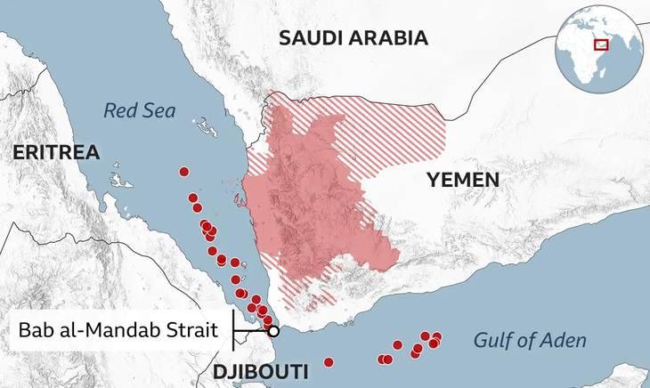 Chấm màu đỏ là nơi đã diễn ra các vụ tấn công tàu ở khu vực trong và xung quanh biển Đỏ. Ảnh: BBC
