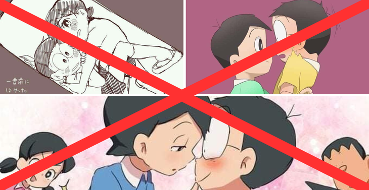 Những tranh vẽ mối quan hệ đồng tính giữa Nobita và Dekisugi, cả hai nhân vật chỉ mới 10 tuổi - Ảnh: Facebook