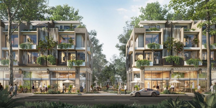 Mặt trước những căn Shophouse Boulevard tiếp giáp đại lộ Boulevard đáp ứng trọn vẹn nhu cầu kinh doanh của khách thuê