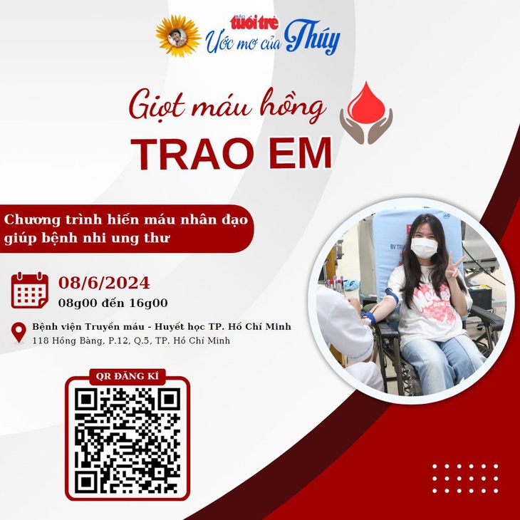 Mời bạn đọc cùng hiến máu nhân đạo giúp bệnh nhi ung thư trong chương trình "Ước mơ của Thúy" của báo Tuổi Trẻ