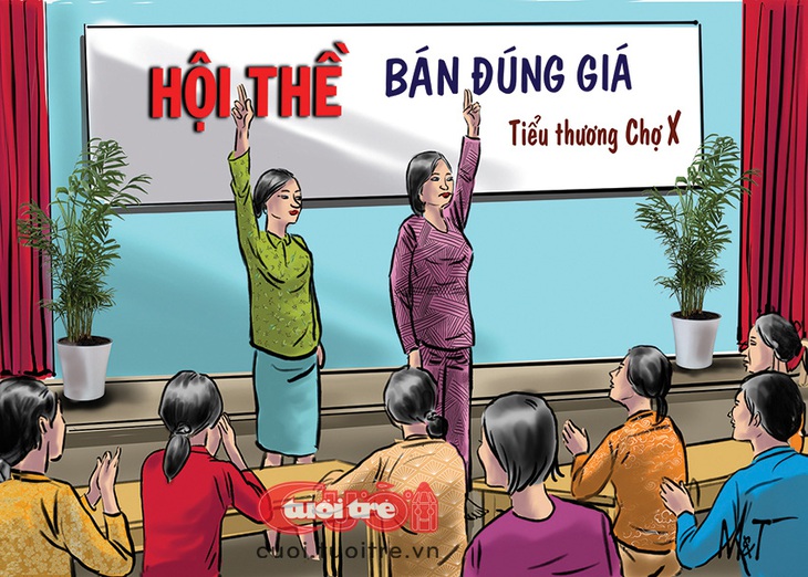 Tiểu thương tổ chức... "hội thề" để giữ khách - Tranh: Đỗ Minh Tuấn