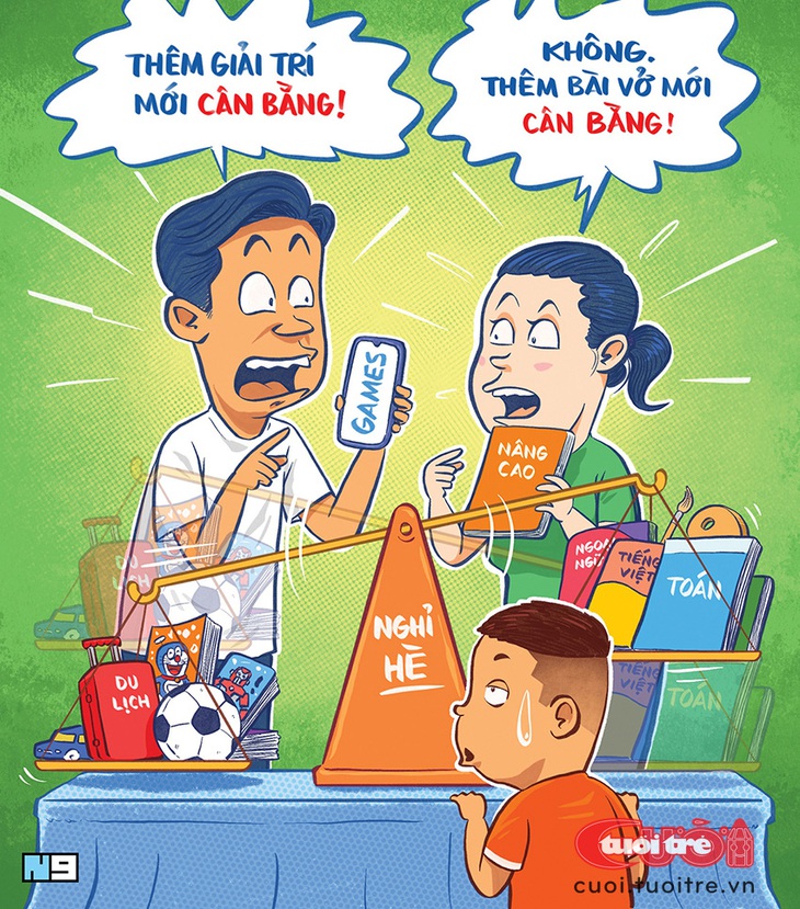 Đau đầu cân bằng kỳ nghỉ hè cho con trai - Tranh: Hải Nam 