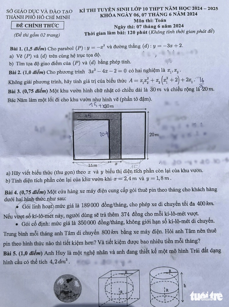 Đề môn toán kỳ thi lớp 10 TP.HCM - Ảnh: DUYÊN PHAN