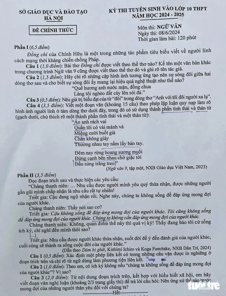 Đề thi văn lớp 10 Hà Nội - Ảnh: NGUYÊN BẢO