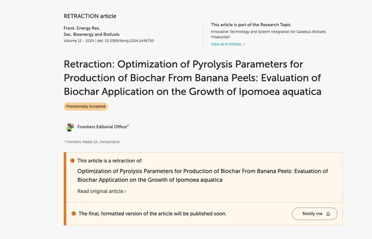 Một trong những bài báo được Nhà xuất bản Frontiers thông báo gỡ bỏ  - Ảnh chụp màn hình