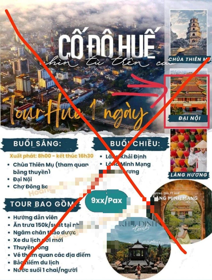 Bức ảnh quảng cáo tour du lịch của một công ty ở Huế đăng ảnh Tử Cấm Thành Trung Quốc nhưng chú thích là Đại Nội Huế - Ảnh chụp màn hình