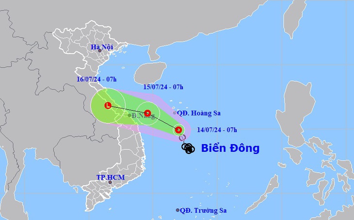 Dự báo đường đi của áp thấp nhiệt đới vào sáng nay 14-7 - Ảnh: TRUNG TÂM DỰ BÁO KHÍ TƯỢNG THỦY VĂN QUỐC GIA