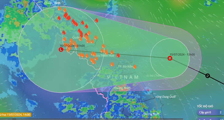 Vị trí và hướng di chuyển áp thấp nhiệt đới lúc 13h chiều 15-7 - Ảnh: VNDMS