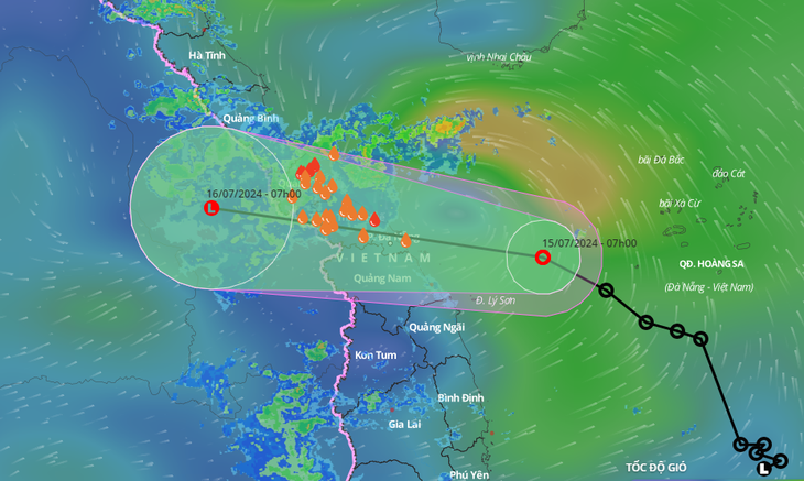 Vị trí và hướng di chuyển áp thấp nhiệt đới lúc 7h sáng 15-7 - Ảnh: NCHMF