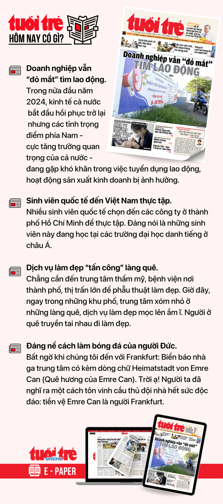 Tin tức chính trên Tuổi Trẻ nhật báo hôm nay 2-7. Để đọc Tuổi Trẻ báo in phiên bản E-paper, mời bạn đăng ký Tuổi Trẻ Sao TẠI ĐÂY