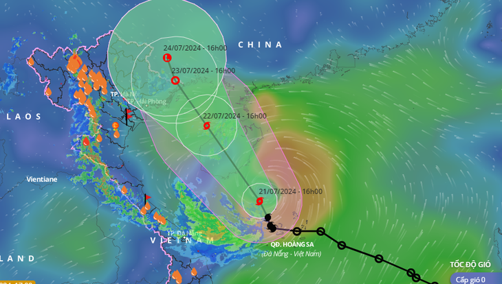 Vị trí và hướng di chuyển bão số 2 lúc 16h chiều 21-7 - Ảnh: NCHMF
