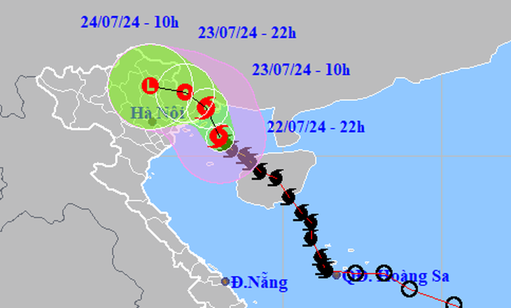 Vị trí và hướng di chuyển bão số 2 lúc 22h tối 22-7 - Ảnh: NCHMF