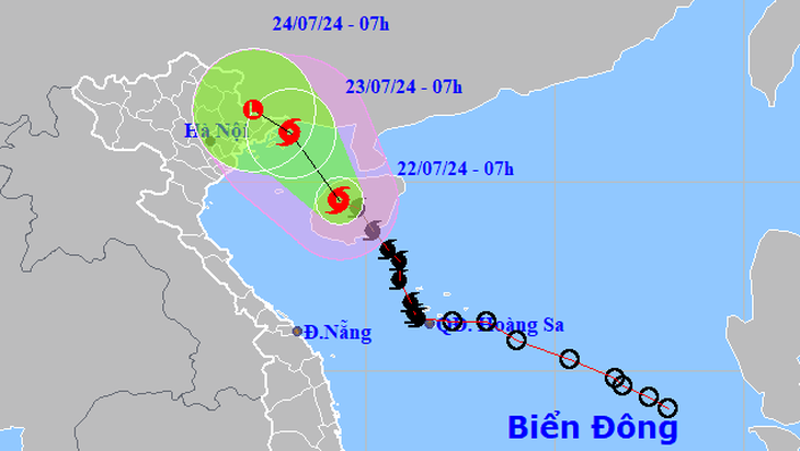 Vị trí và hướng di chuyển bão số 2 lúc 7h sáng 22-7 - Ảnh: NCHMF