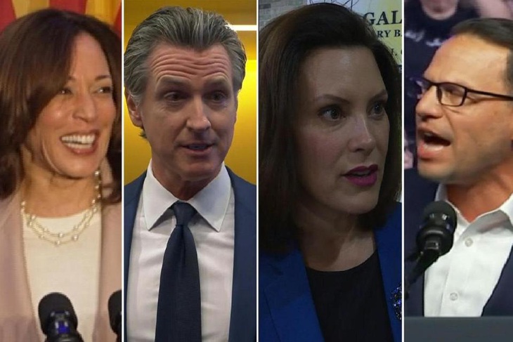 Từ trái sang: Phó tổng thống Mỹ Kamala Harris, Thống đốc bang California Gavin Newsom, Thống đốc Michigan Gretchen Whitmer và Thống đốc Pennsylvania Josh Shapiro - Ảnh: AFP