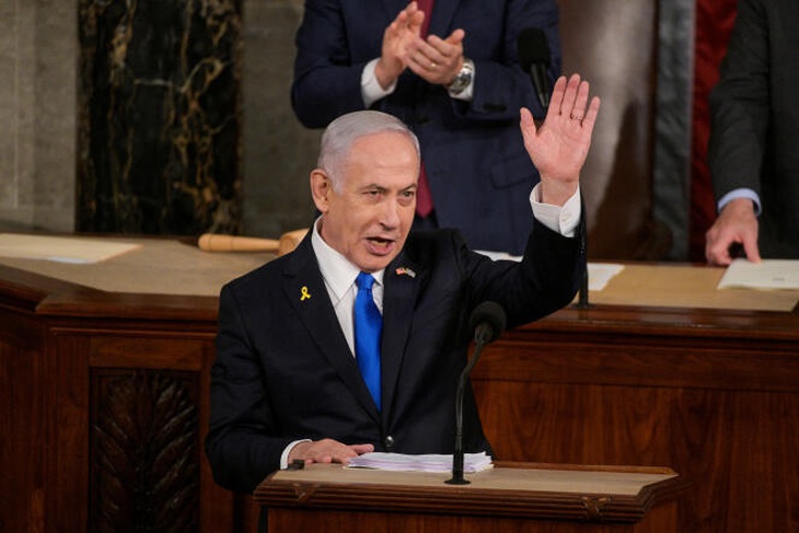 Thủ tướng Israel Benjamin Netanyahu phát biểu trước Quốc hội Mỹ tại Washington D.C hôm 24-7 - Ảnh: REUTERS