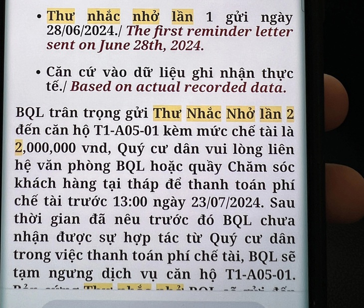 Nội dung thư nhắc nhở và mức chế tài của ban quản lý chung cư Masteri Thảo Điền gửi đến anh H. - Ảnh chụp lại màn hình