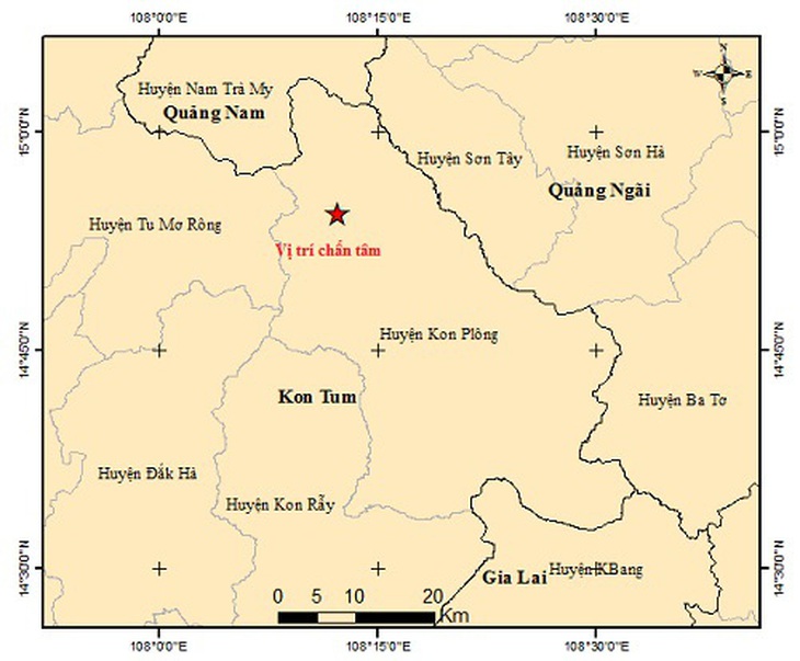 Vị trí xảy ra trận động đất thứ 11 tại Kon Tum vào tối nay 28-7 - Ảnh: Viện Vật lý địa cầu