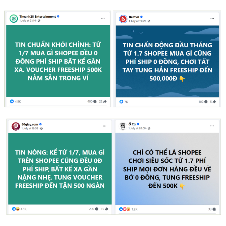 Hàng loạt các fanpage chia sẻ thông tin về chương trình miễn phí vận chuyển của Shopee trong tháng 7