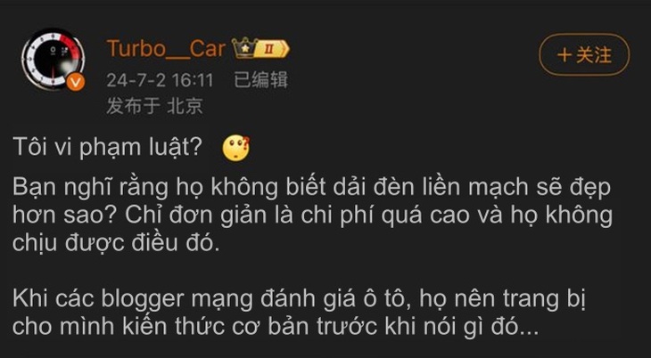 Bài phản pháo trực diện từ Turbo__Car - Ảnh chụp màn hình đã được dịch lại