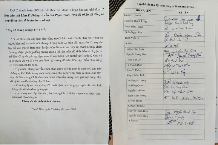 Nhóm 18 cầu thủ ký tên trong đơn tố CLB Thanh Hóa nợ tiền của họ không chi trả - Ảnh chụp màn hình