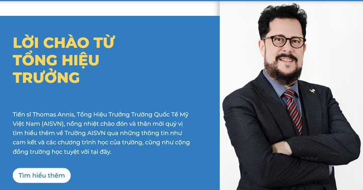 Thông tin giới thiệu tổng hiệu trưởng trên website Trường quốc tế AISVN. Tuy nhiên người này chưa được Sở Giáo dục và Đào tạo công nhận - Ảnh chụp màn hình