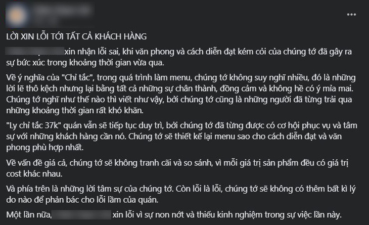 Chê khách nghèo, quán cà phê gởi lời xin lỗi 'phông bạt'? - Ảnh 2.