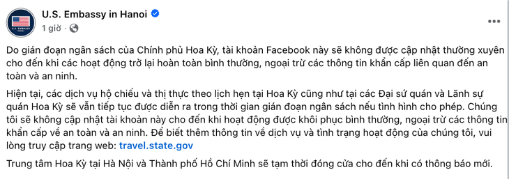 Chính phủ đóng cửa, Đại sứ quán Mỹ tại Việt Nam ra thông báo quan trọng - Ảnh 2.